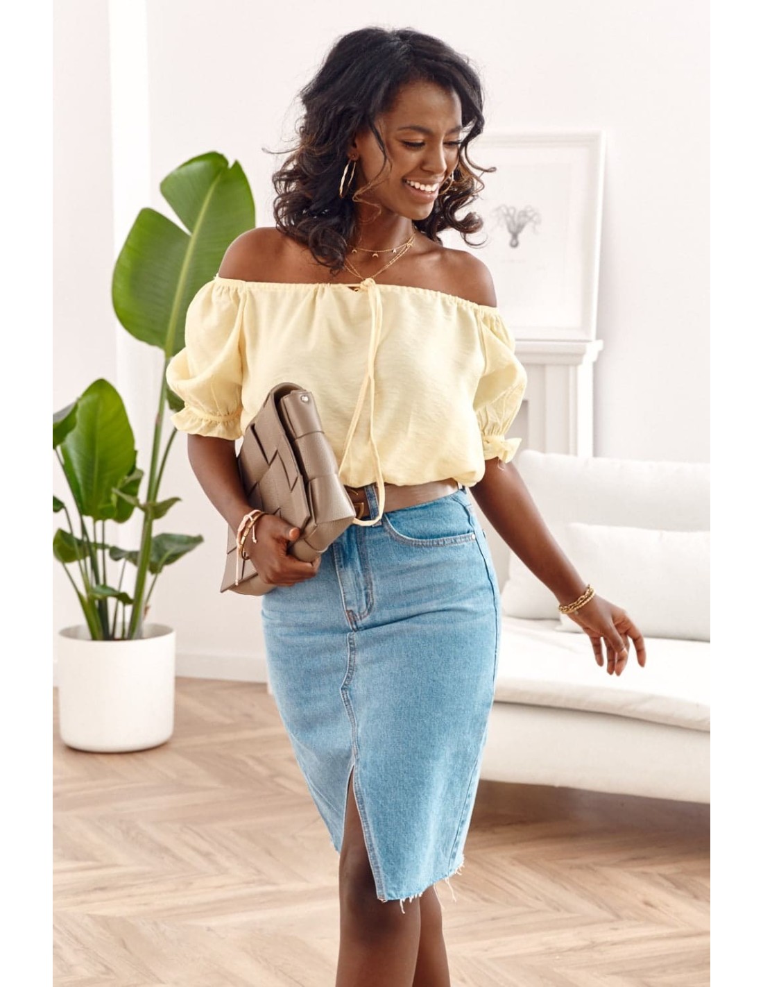 Yellow short blouse with ruffled neckline MP29435 - Online store - Boutique